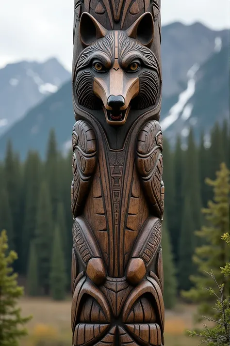 Traditional wooden totem with wolf head