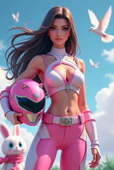 White girl, long dark brown hair, drinking pink caipirinha, holding pink lion helmet, strong bodie, pink power ranger armor, white dove flying in the background, cute white bunny mascot with blue eyes and a pink scarf around its neck