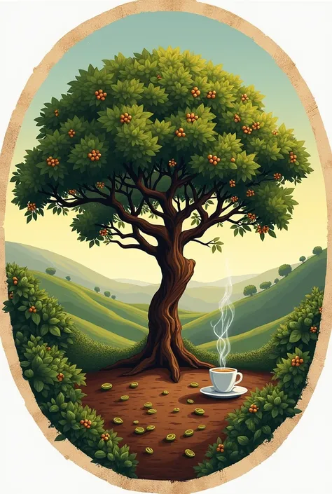 coffee tree with beans, place, round logo, hills farm, retro art, Coffee plantations, Cup of coffee, coffee horn tones


