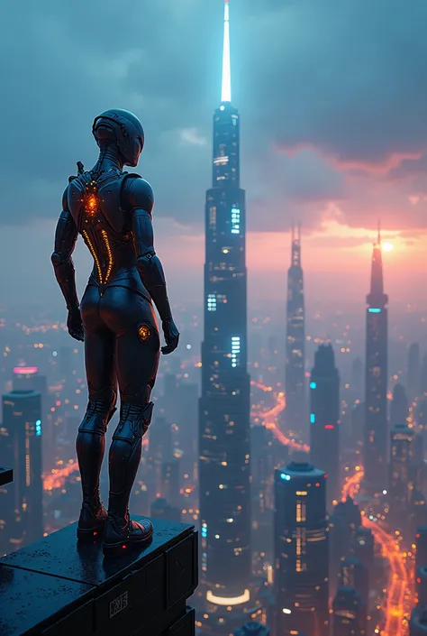 full body front view, A futuristic metropolis sprawls across a sleek, metallic cityscape at dusk. Neon hues of electric blue and fiery orange bleed into the atmosphere as towering skyscrapers pierce the sky, their reflective surfaces mirroring the vibrant ...