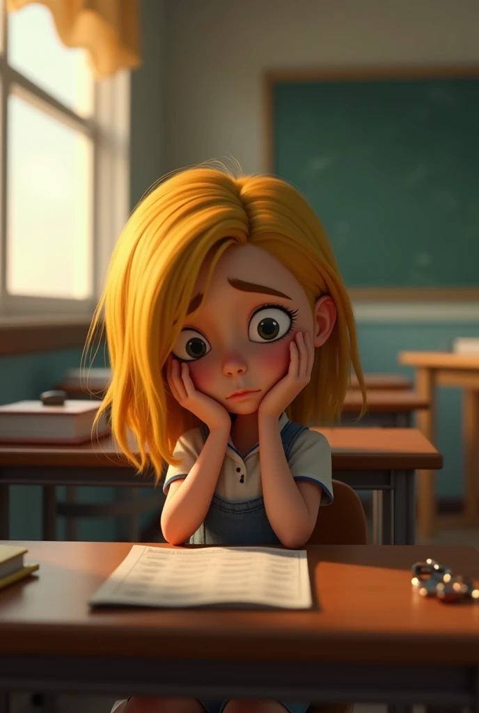 (A pixar style of a sad  girl with yellow hair at classroom