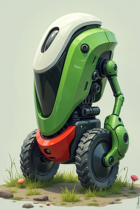 Environmental robot in the form of a green, white and red vehicle with a compartment in the back and a claw on the right side