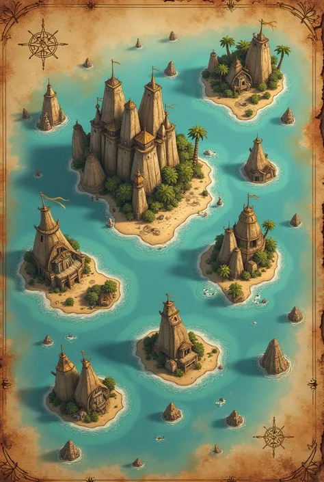 Create an archipelago drawn on paper of seven main islands, each with its own personality drawn on a pirate map, The islands have distance between them and have small spots around them that represent smaller islands. , A map to a fantasy world where everyt...