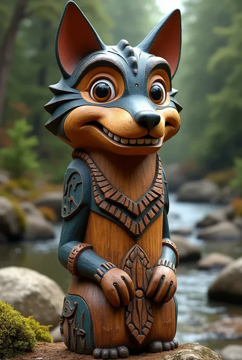 Traditional wooden totem with cartoon style wolf head