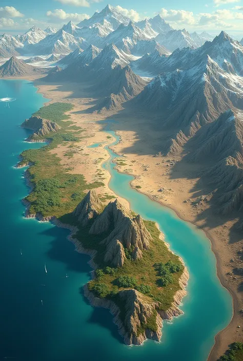 Carte tres grande avec une petite ile en vue aerienne  avec une vue sur lemble de la carte  avec de laneige au nord,  avec des arbes et de la vegetation a lest,  avec du desert au sud