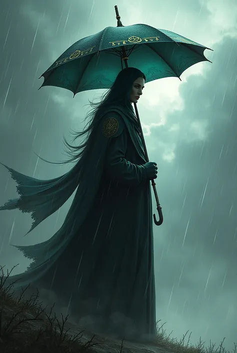 dnd, kalashtar, wizard, male, long coat, hat, gloves, umbrella