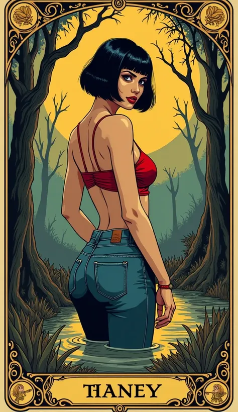 masterpiece, tarot aesthetics, tarot vintage line-art aesthetics, stuck in mud bog, mature diva whore, crop-top,high-waisted jeans, bob-cut, forbidden, turns around, orgasm, caught in peril