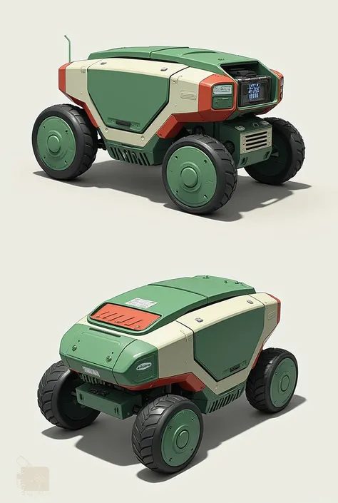 Environmental robot in the form of a green, white and red vehicle with a compartment in the back and with a claw on the right side in the form of a vehicle 