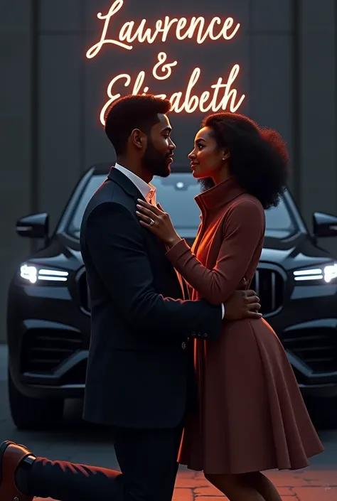 An image of Lawrence and Elizabeth who are in eternal love,, Lawrence is proposing to Elizabeth the love of his life,,,add a G-wagon
 car,,,we are a bit dark,,please include our names in a stylish way,,and make us more younger,,African skin please,,add the...