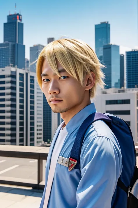 one japanese man, blonde hair, blue eyes, city background, high res, ultrasharp, masterpiece, my hero academia style