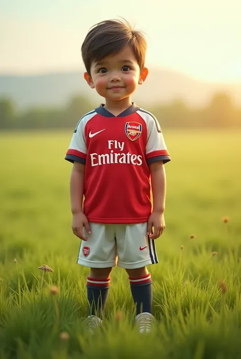 Child about  in a small field wearing an Arsenal shirt 