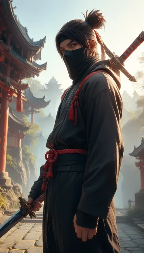 Dark ninja standing with a sword in his hand, looking at the camera, background of the Japanese temple, mask and hood, 