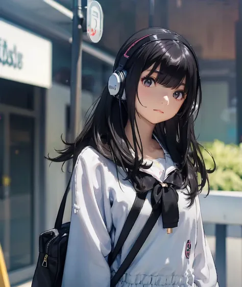 A black-haired girl listening to music on headphones while commuting to school