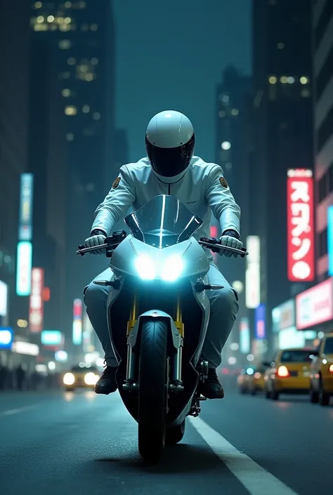 Chat blanc avec uniforme  qui conduit une moto  la nuit dans les rues de Manhattan 