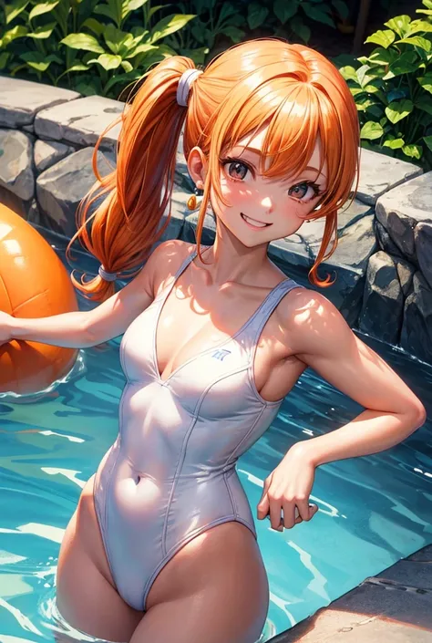 Jessica Albert (Dragon Quest), Jessica Albert, 1 woman, White leotard swimsuit with v neck, short pigtails, orange hair showing on forehead, beautiful, masterpiece, best quality, smiling face, looks in the eye of the beholder, poolside Standing pose, 