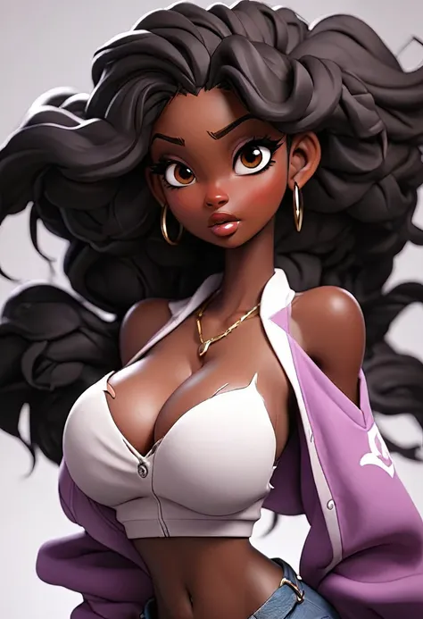 Very black woman with very large breasts  (maximum 400 pixels per side ) with ripped anime style clothes