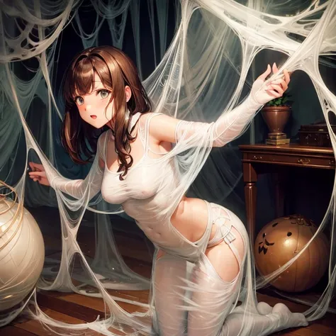 1girl,Spider weaving a net on the girl,réalism:1.2,ultra-detailed,bedroom setting,stretched pose,struggling in the net,brown haired,very long sheer skirt,oaken floor,soft sunlight,delicate spider silk,lace curtains,bedside table,decorative pillows