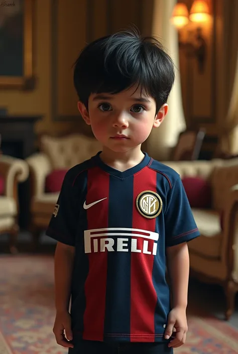  child wearing an Inter Milan shirt in a rich man&#39;s house he has black eyes black hair a very closed face 