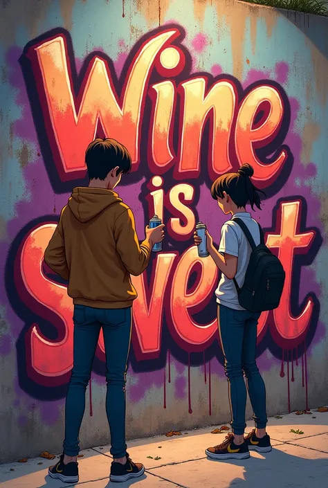 Two young people graffitiing on a wall writing wine is sweet