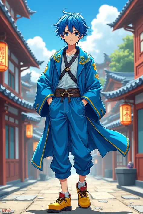 I want him in a Japanese anime style with blue hair, blue clothes, yellow shoes, and a kind, handsome face.。