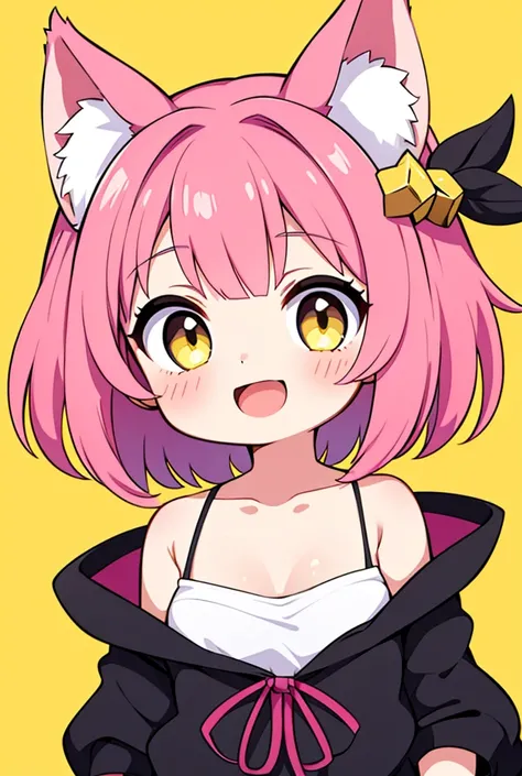 1 girl, short hair, High resolution, pink hair, wolf ears, smile, open mouth, yellow eyes, hair ornament, simple background, chibi