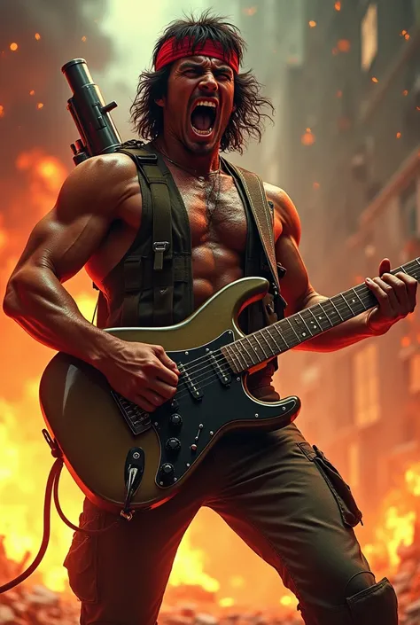 Rambo with red headband, with a gun on his back, playing heavy metal guitar, while screaming, surrounded by flames and explosions.
