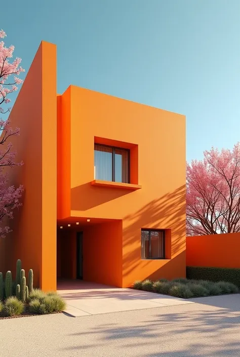 Generates a modern architectural image of a house with a minimalist and geometric design. The house features bold cubic shapes with a soft, textured orange facade.. The building is situated under a clear blue sky, with natural shadows projected by the stru...