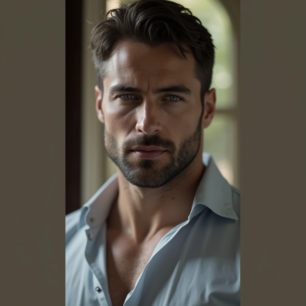 Portrait of a handsome male model, 2, shirt, barechest, Without beard, with shoulder-length hair, dark and messy and wavy, Super light blue eyes, thick lips, defined muscles, fit, torn body, Medium shot, ultra highest detailed face, Darmatic Lighting, low ...