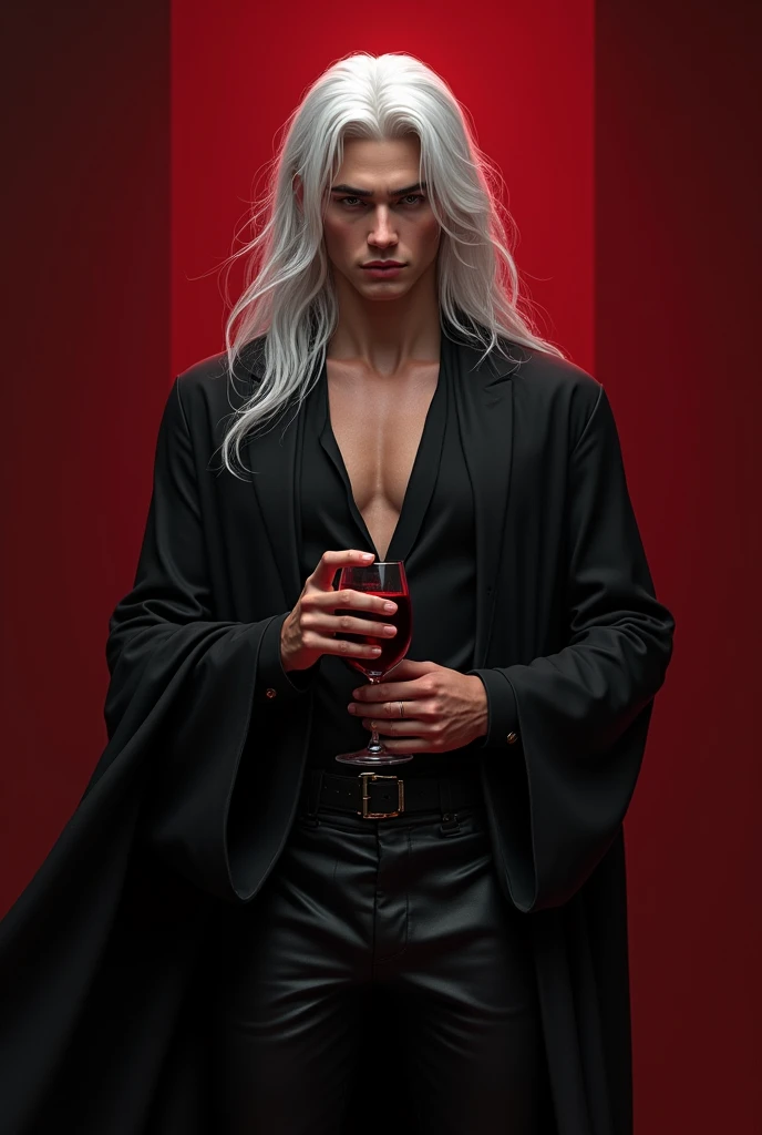 Create a handsome and attractive young prince of hell, that has long white hair, Put on a fancy black tunic and leather pants, that is holding a glass of wine and looks intimidating and sexy, put a red background on it. make it realistic 