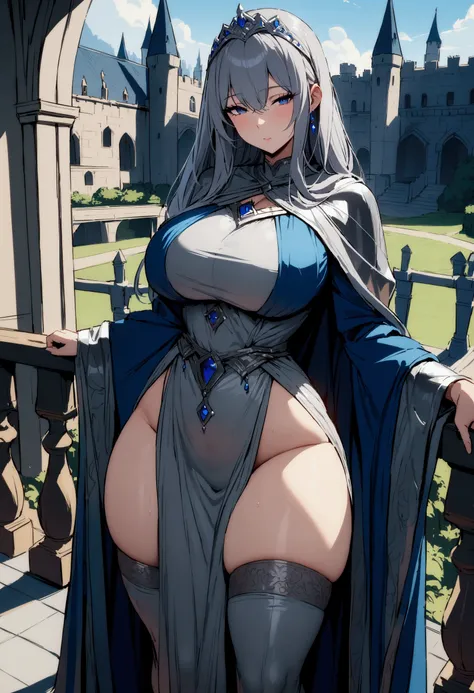 (highres, masterpiece:1.2), gray hair, (robe, modest robe, silver robe, blue robe), (large breasts), thick thighs, standing, pelvic curtain, thighhighs, blue eyes, expressionless, long hair, tiara, castle in background, cape, seductive smile, balcony