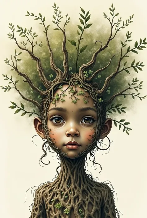 A Portrait sketch of african child made of trees, front view