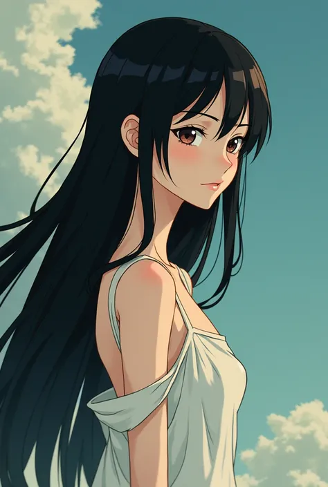 White skinned teenage girl with long straight black hair, anime style spirited away, Whole body