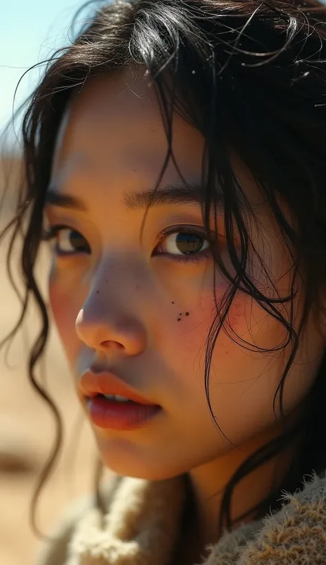 close up front face of beautiful asian woman black eyes looking into the void of horizon thirsty and hot in apocalyptic desert full of mud realistic 4k HD