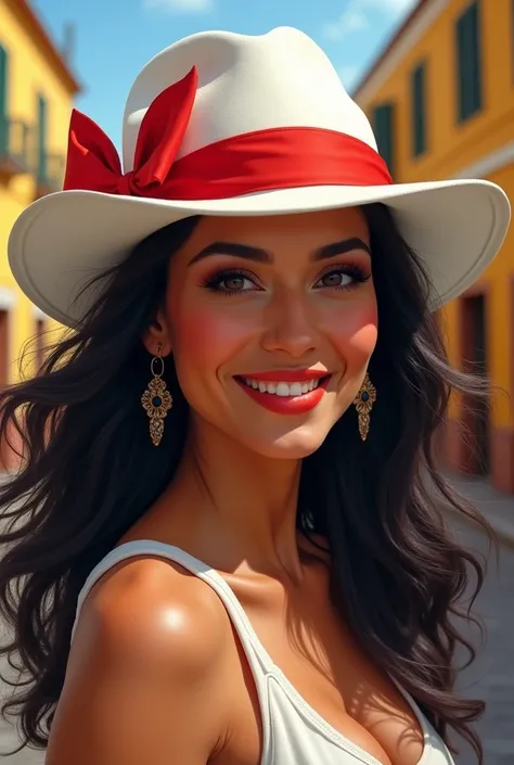 A Brazilian woman in Lapa, put a white hat with a red ribbon around it on her 