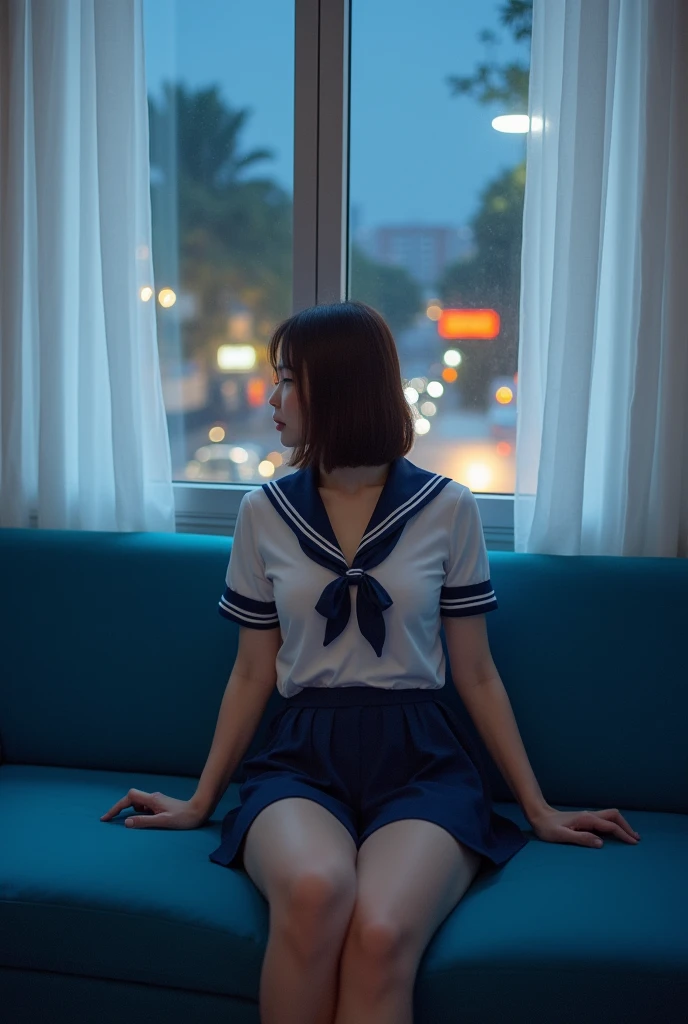 High-quality Realistic of thai woman, Beautiful girl (((large breast , big breast , nsfw))) , Best Quality, 1 thai girl in a thai school uniform sits on a bright blue sofa ,Spread your legs apart to the side.The sofa is surrounded by a White curtains, Look...