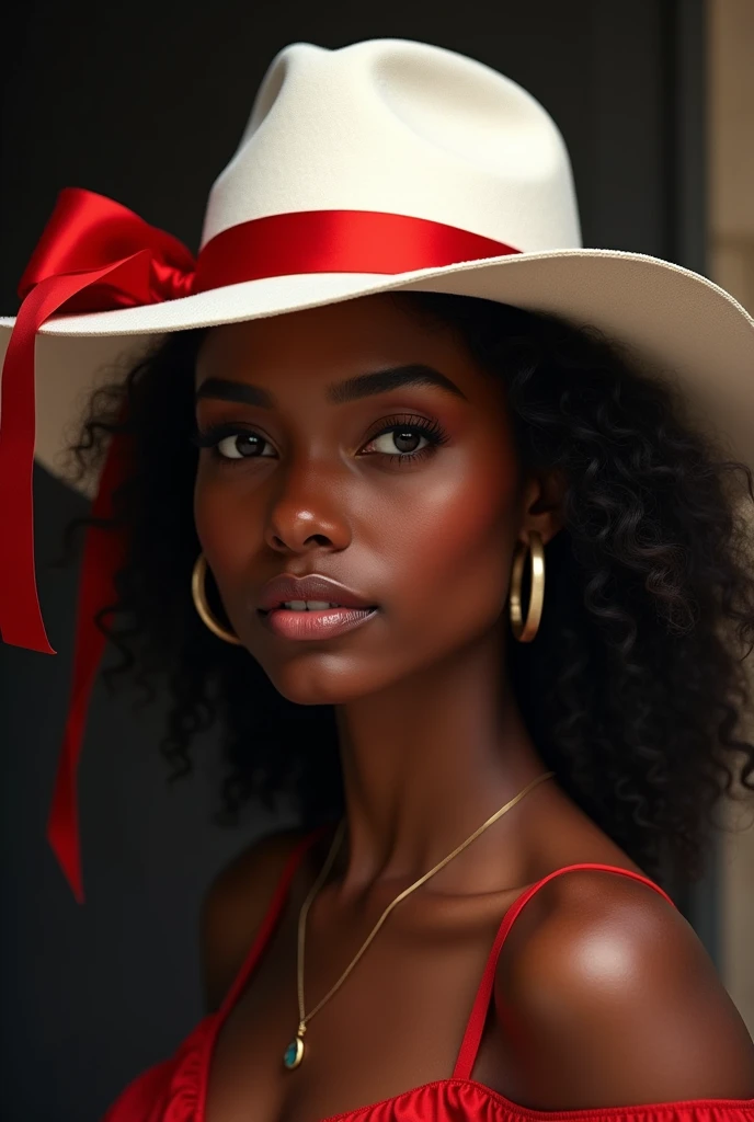 A Brazilian woman in Lapa, put a white hat with a red ribbon around it on her, leave it black, leave the woman with black skin 