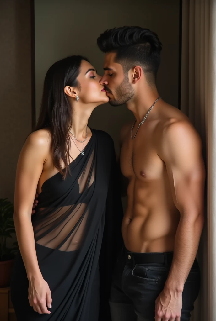 One girl wear transparent black saree without bra,big boobs showing and two boys kisse with one girl in room,boys are nude showing their cock