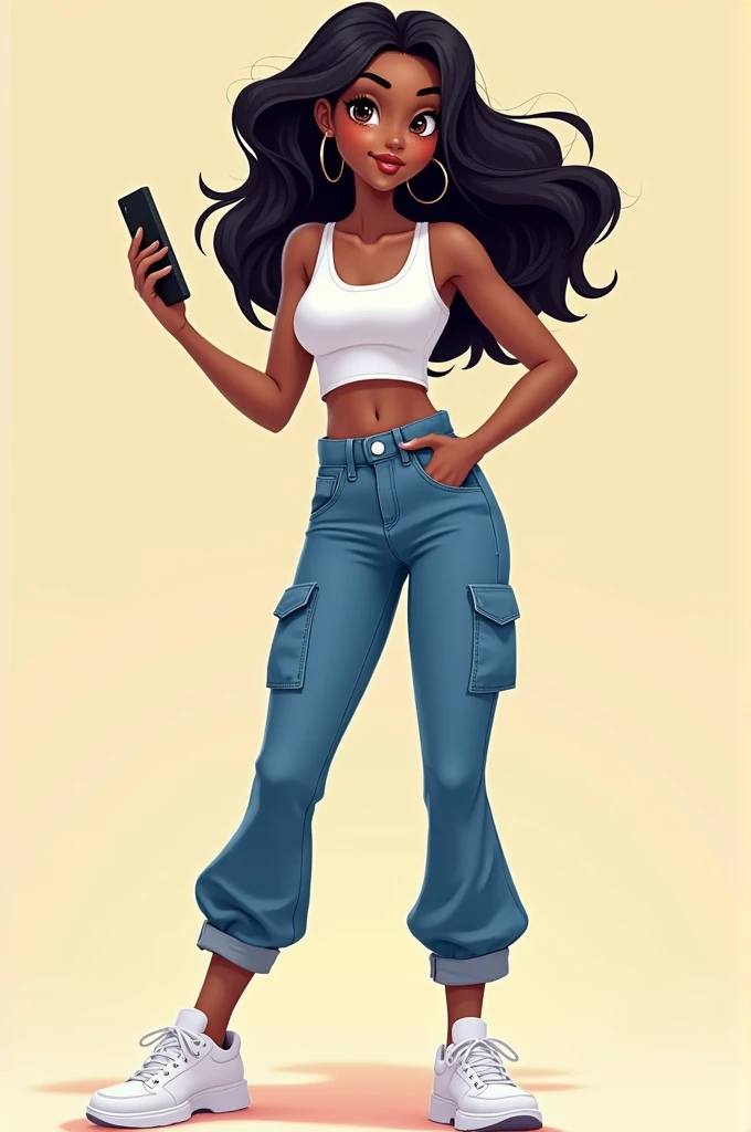 Create a Nickelodeon girl character, her hair color is black, her eyes are dark brown, her skin is dark brown, she is wearing a white top, cargo pants, jeans, and white tennis shoes, she is posing with her cell phone in her hand, she is thin and has a wais...