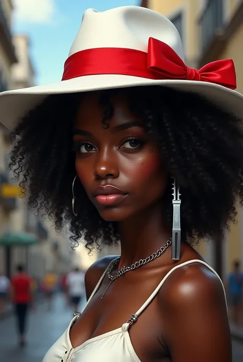 A Brazilian woman in Lapa, put a white hat with a red ribbon around it on her, leave it black, leave the woman with black skin, put a razor hanging from the woman&#39;s ear. Put on big curly hair