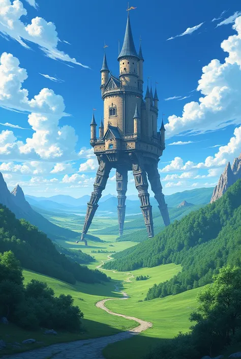 Make a wallpaper based on a landscape from the movie "howls moving castle". That has the castle as the main object and without people or characters