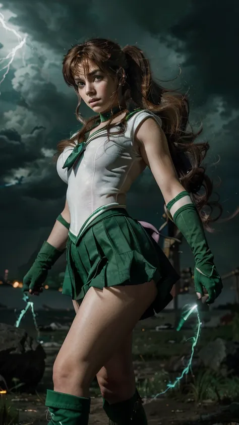 The image shows a young heroine inspired by Sailor Jupiter, A magical warrior. She is in a powerful fighting pose, with one hand raised, surrounded by sparks of bright green electricity. The character has long brown hair, tied in a high ponytail, with bang...