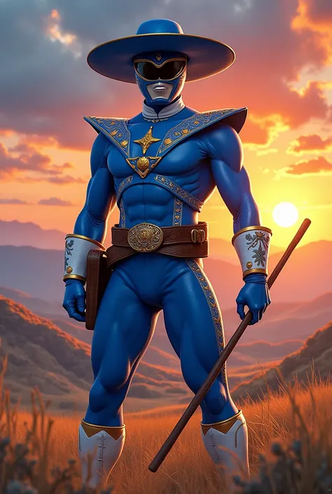 Blue power ranger inspired by gaucho culture, with a barbecue skewer in hand 