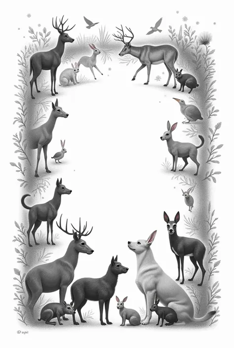 Domestic and wild animals in a frame for study , no color to trace



