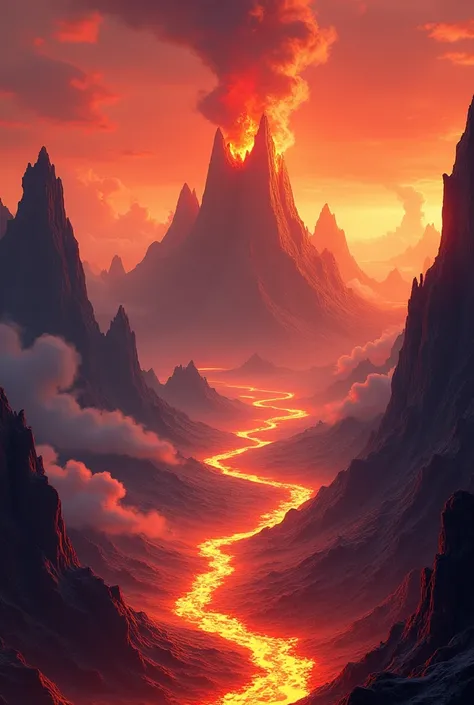 island with volcanoes, orange sky, flowing lava, alien planet, cinematic effect, anime style