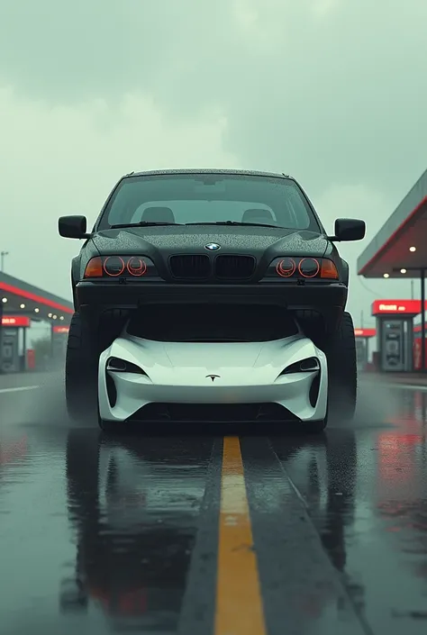 Black BMW e36 swallowing a white Tesla car on a highway with gas stations