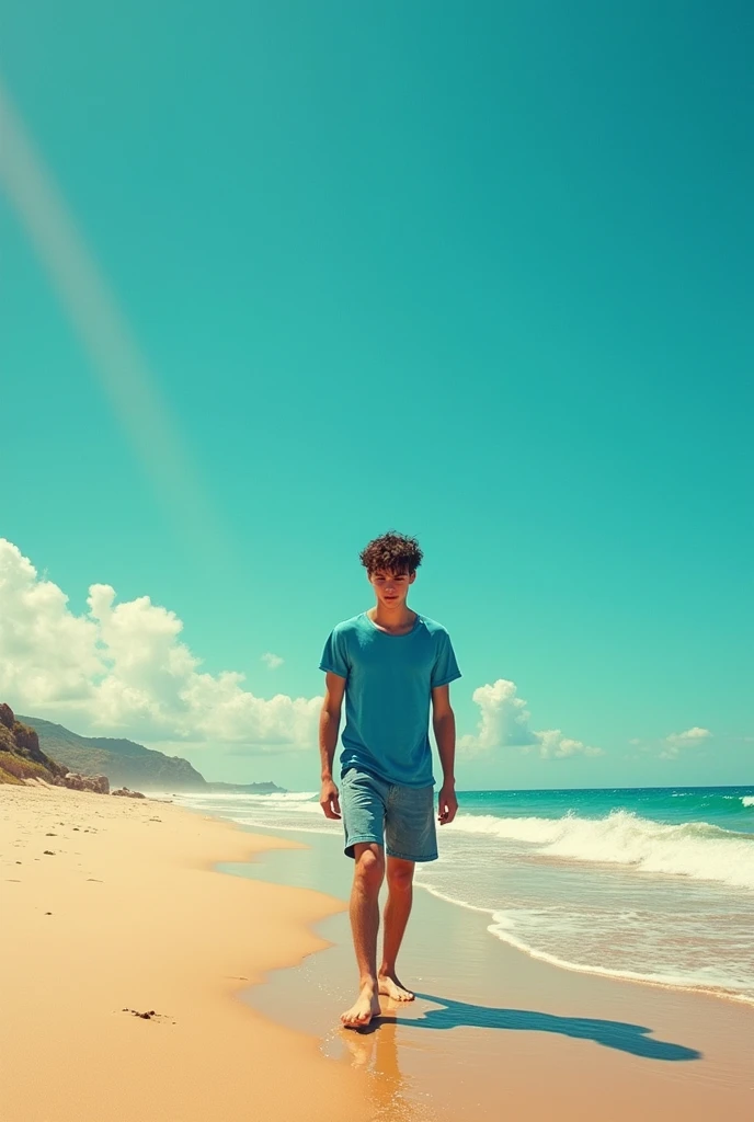 Scene dun bad trip de lsd sur une plage de jour avec un garçon y errant en short et t shirt bleu et pieds nus