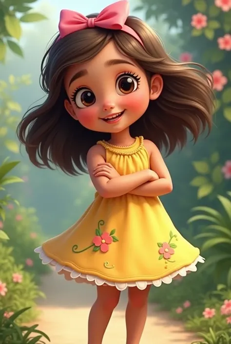 create a mascot of a female child. no earring, no necklace and no bracelet. She has medium skin tone, Shoulder length wavy chocolate hair. medium eyes, dark brown color, is smiling, dressed in a yellow dress with floral details and embroidery, and wear whi...