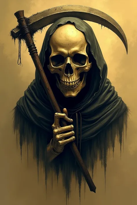 skull tattoo design with a cloak and holding a death scythe, just the head, yellow and brown details 