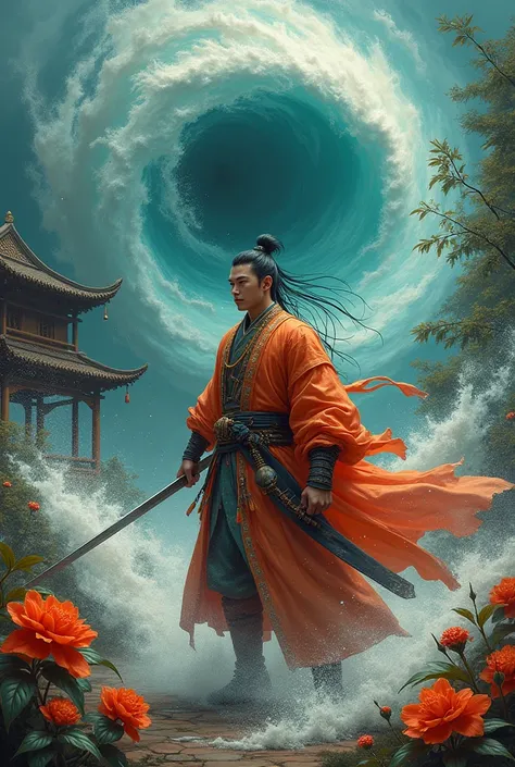 Written a letters  “ Toxic DS7 “ on the top of the screen, a Chinese man warrior with a sword in his hand, Swirling cyclone, Bambushut, Super wide angle lens,flowers,dark orange and blue-green,in the style of Zhang Jingna,Hirohiko Araki, Oriental, Sergio, ...