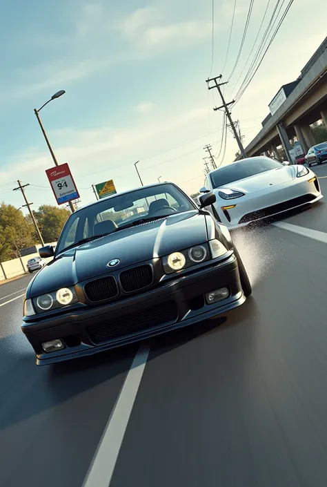 Black BMW e36 chewing up a white Tesla car on a highway with gas stations